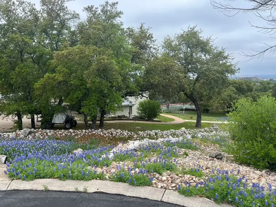 Baycliff community grounds with Texas bluebonnets and Hill Country views
