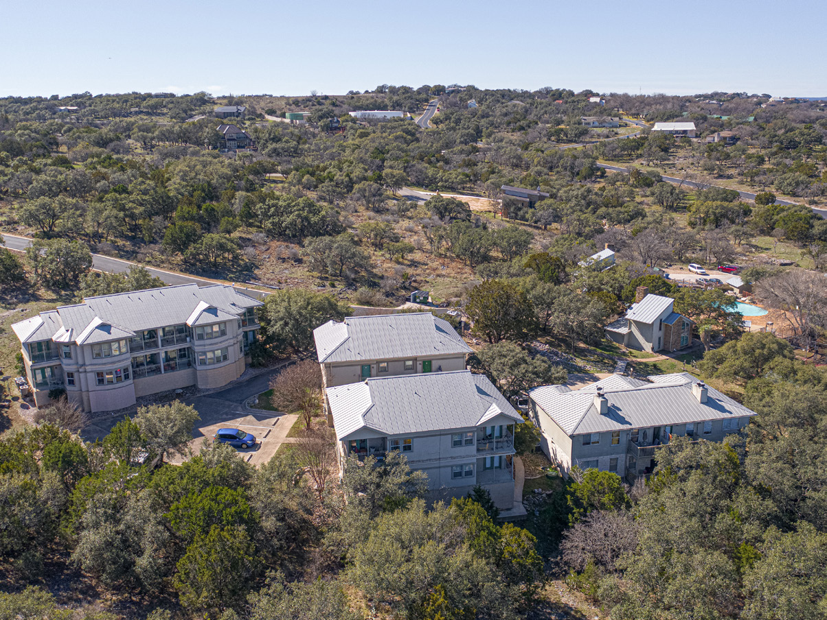 Aerial view of Baycliff Apartments nestled in the Texas Hill Country