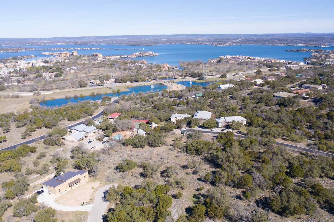 Panoramic aerial view of Lake LBJ from Baycliff Apartments